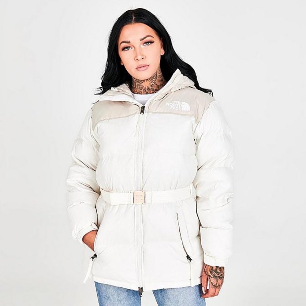 North face belted nuptse mid puffer jacket